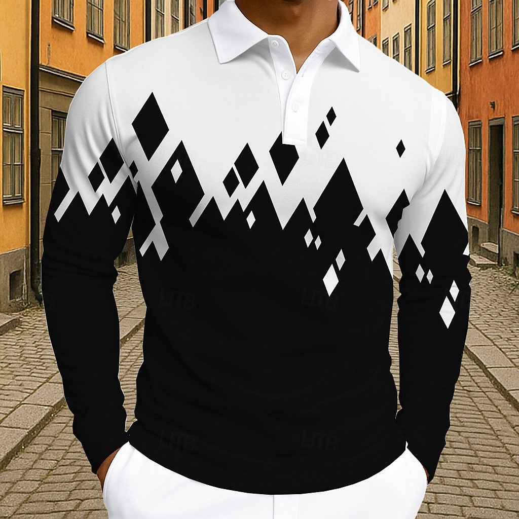 Men's Color Block Geometic Polo Long Sleeve Polo Shirts Lapel Business Casual Athleisure Daily Wear 3D Print Buttons Spring Fall Winter Black White 2026 - $22.99 –P4