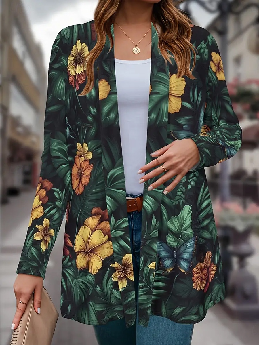 Femmes Manteau d'Hiver Trench Léger Confortable Imprimé Front ouvert ancien Mode Occasionnel Fleuri Vacances Occasionnel Long Sans Col Coupe Ample manche longue Vêtements d'extérieur Noir Vert de 2025 ? CAD $30.99 –P2