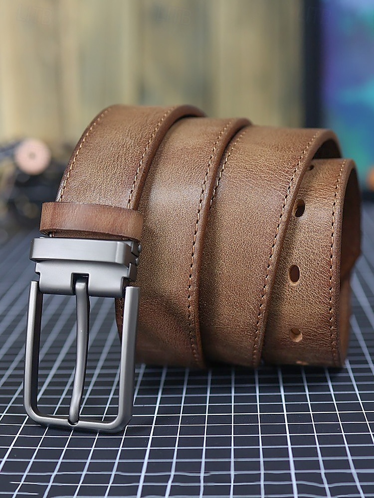 Мужской ремень из натуральной коровьей кожи – винтажный коричневый ремешок с пряжкой из матового сплава, регулируемый для джинсов, работы, деловой и повседневной одежды 2026 - $29.99 –P5