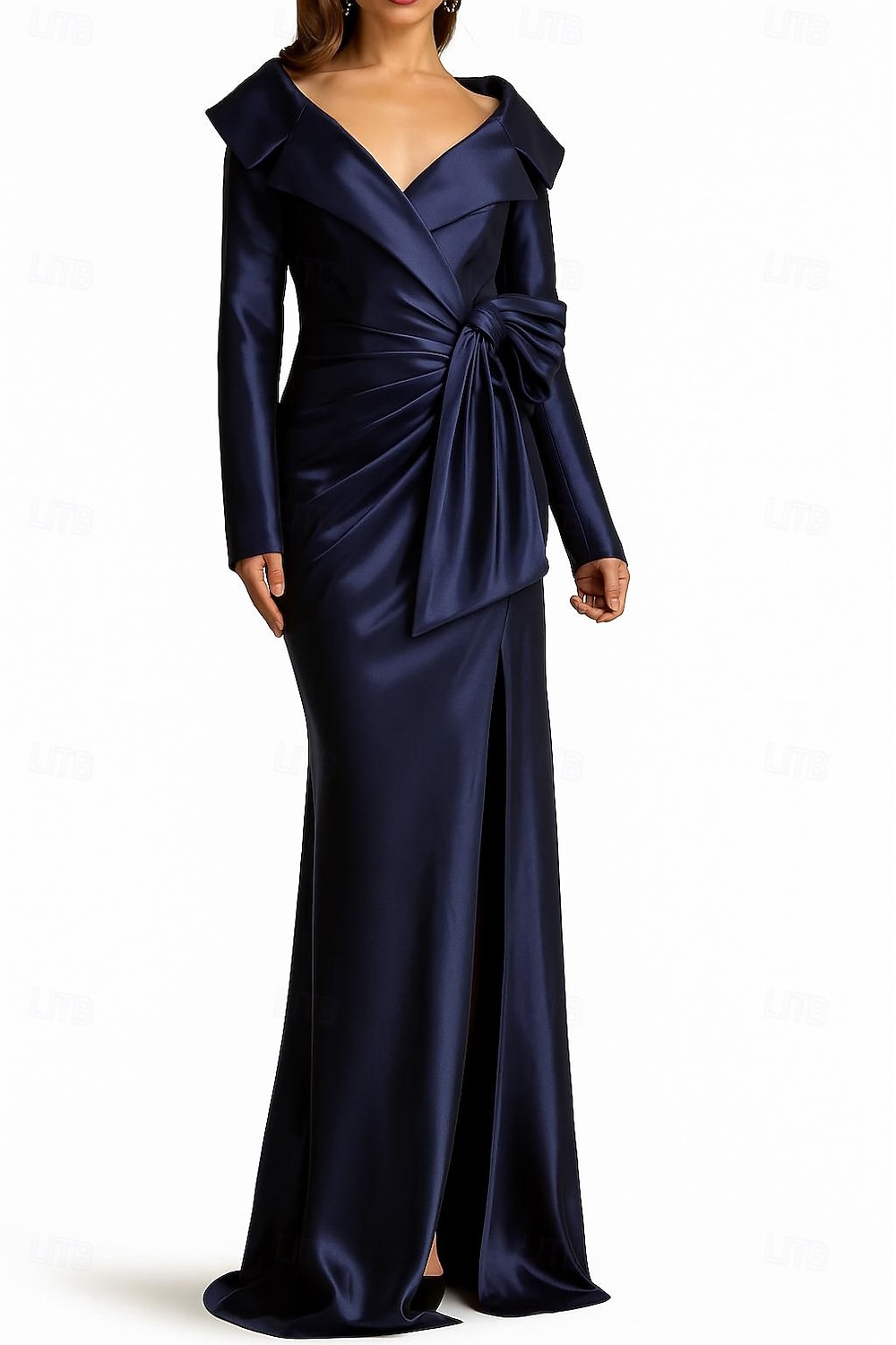 Blårød A-linje aftenkjole elegant kjole formell bryllupskjole gulvlang langermet slaglomme stretch sateng med glittersløyfe(r) 2025 2025 - $139.99 –P1