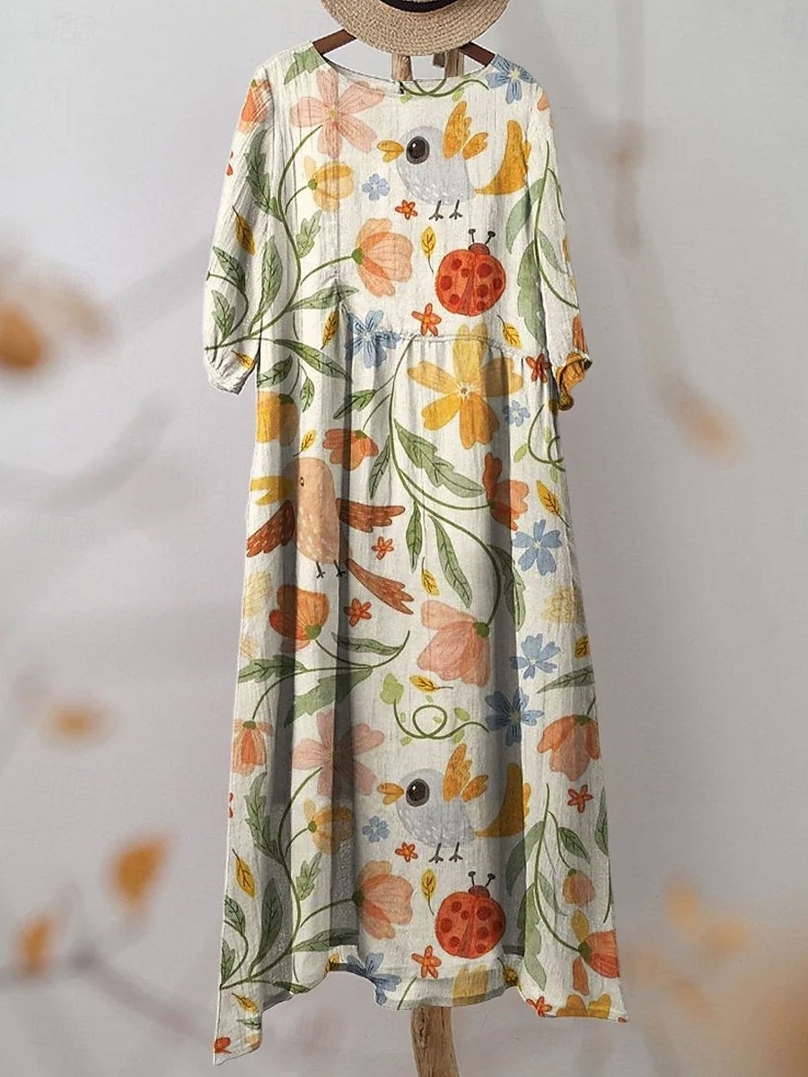Damen Maxi Kleid Kaftan 3/4 Länge Ärmel Rundhalsausschnitt Lässiges Kleid A-Linie Kleid Boho Lockere Passform Florales Grafik V-Ausschnitt Weiß Gelb Hellgrün Grün Frühling Herbst 2025 - $16.99 –P2