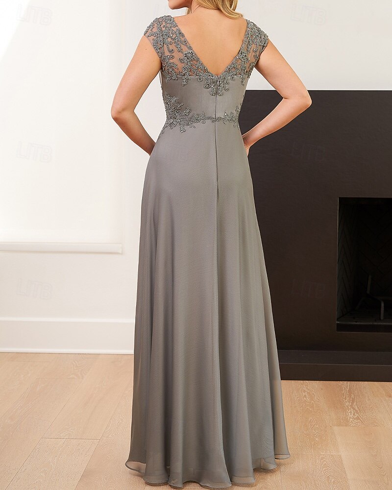Florales besticktes A-Linien Mutter der Braut Kleid Elegant Einfach Minimalistisch V-Ausschnitt Bodenlang Chiffon Satin Cap Ärmel mit Kordelspitzenapplikation 2025 - $135.99 –P3