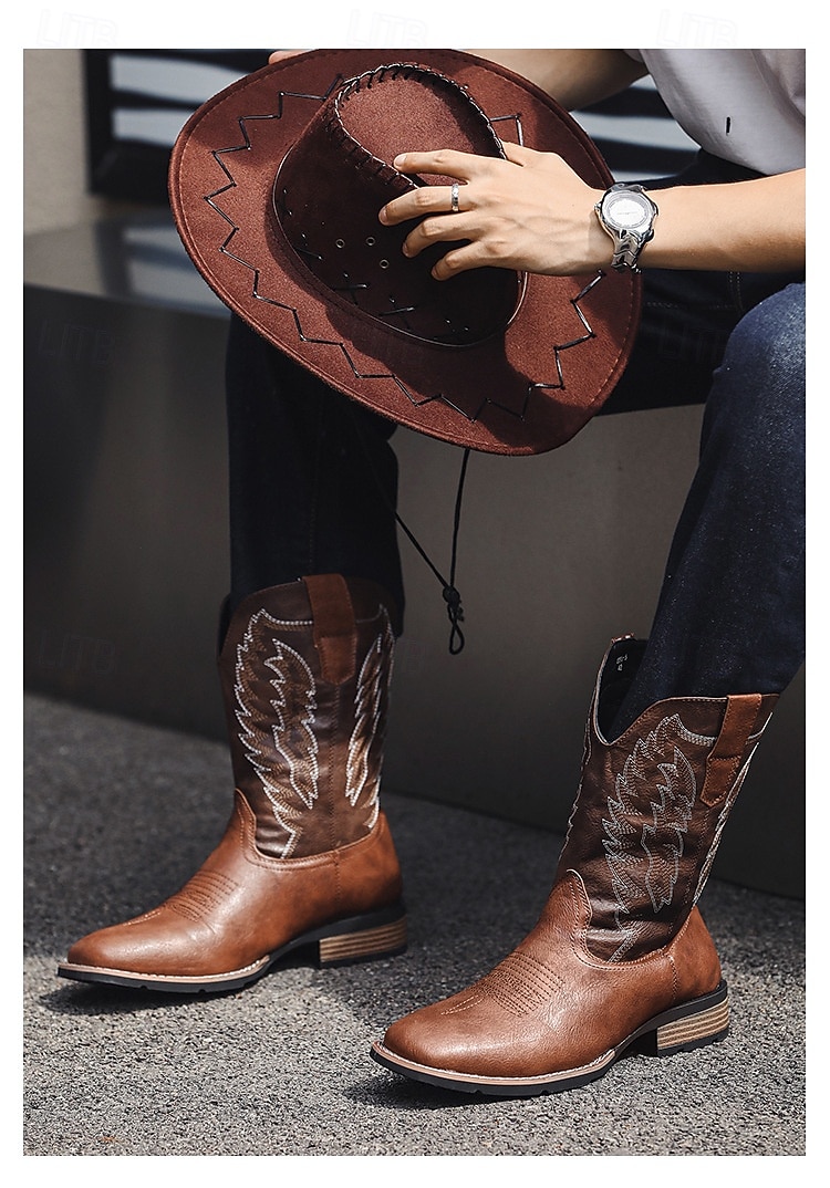 Pánské kovbojské boty - jezdecké boty ve westernovém stylu do poloviny lýtek, odolná klasická westernová obuv pro ležérní ranč, rodeo a každodenní kovbojský outfit 2025 - $59.99 –P4