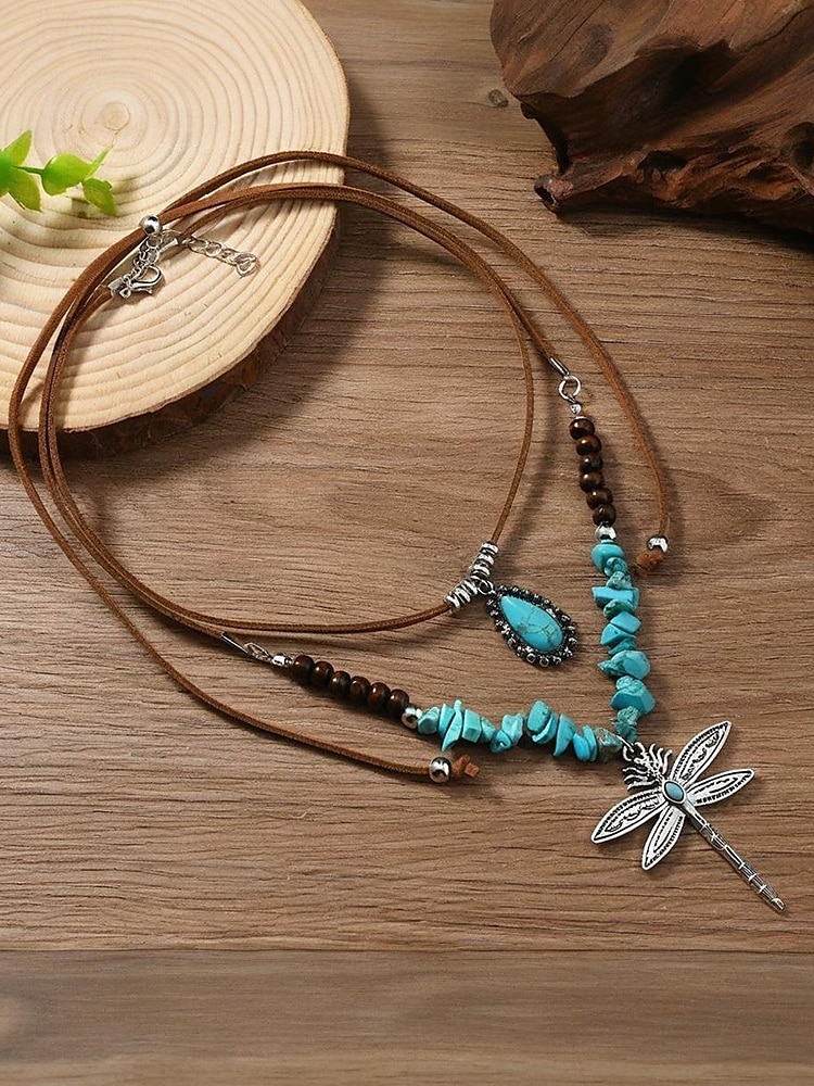 női réteges szitakötő türkiz nyaklánc – bohém medálékszer fesztiválokra, hétköznapi viseletre és ajándékba 2025 - $11.99 –P4