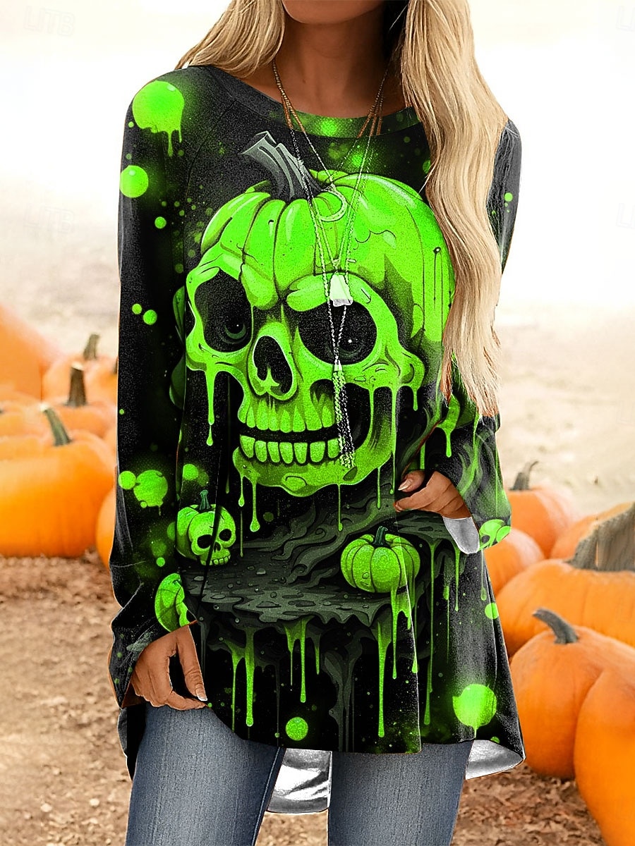 Halloween Dame T skjorte Grafisk Hodeskaller Gresskar Årgang Stilfull Fritid Langermet Crew-hals Vanlige topper Daglig Trykt mønster Rosa Blå Oransje Grønn Grå Vår Høst 2025 - $24.99 –P3