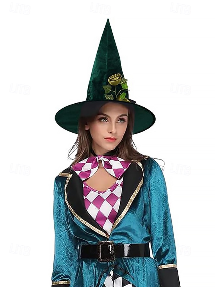 Dámský zelený sametový čarodějnický klobouk se saténovými růžemi a břečťanem – elegantní halloweenský kostýmní klobouk na večírky a tematické akce 2025 - $14.99 –P3