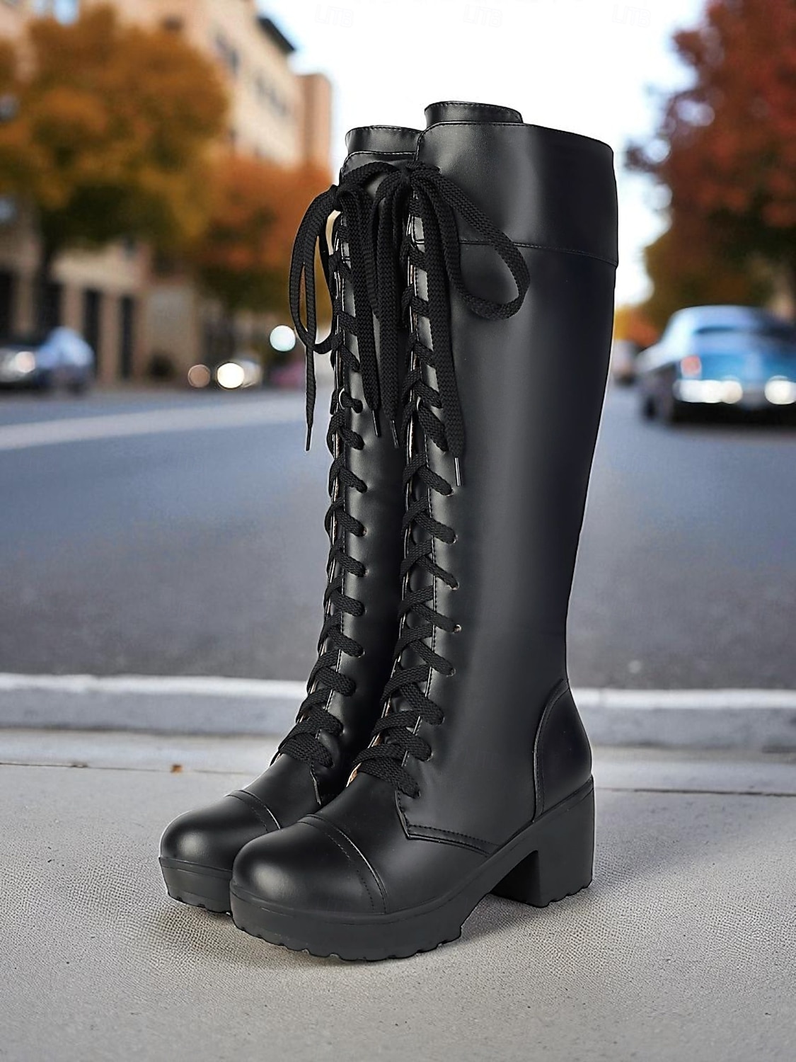 Botas femininas pretas de plataforma alta com cadarço - salto grosso em couro sintético, estilo combate para roupas urbanas e de rua no outono e inverno de 2025 por $46.99 –P1