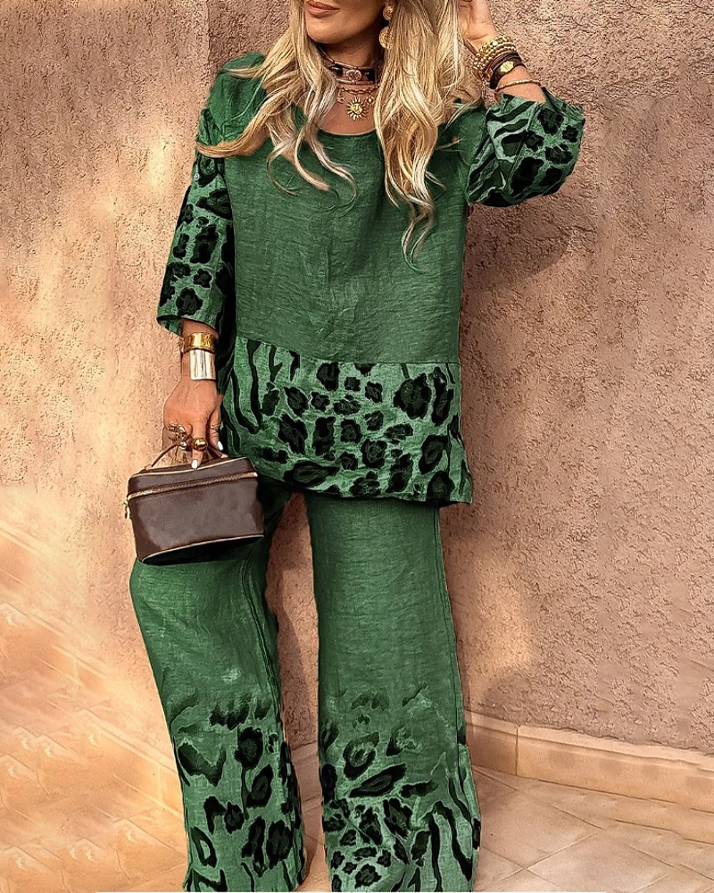 Damen Aktiv Mode Bluse Hosen-Sets Langarm Rundhalsausschnitt Leopard Patchwork Ausgehen Wochenende Schwarz Weiß Rote Herbst Normale Passform 2025 - $27.99 –P5