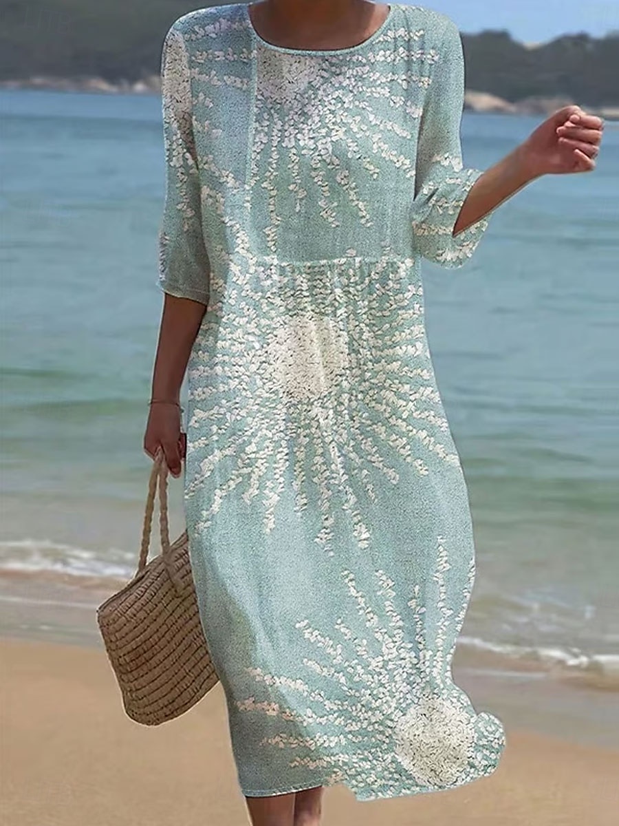 Damen Maxi Kleid Kaftan 3/4 Länge Ärmel Rundhalsausschnitt Lässiges Kleid A-Linie Kleid Boho Reguläre Passform Grafisch Geometrisch Abstrakt Gelb Pink Blau Orange Frühling Herbst 2025 - $41.99 –P1