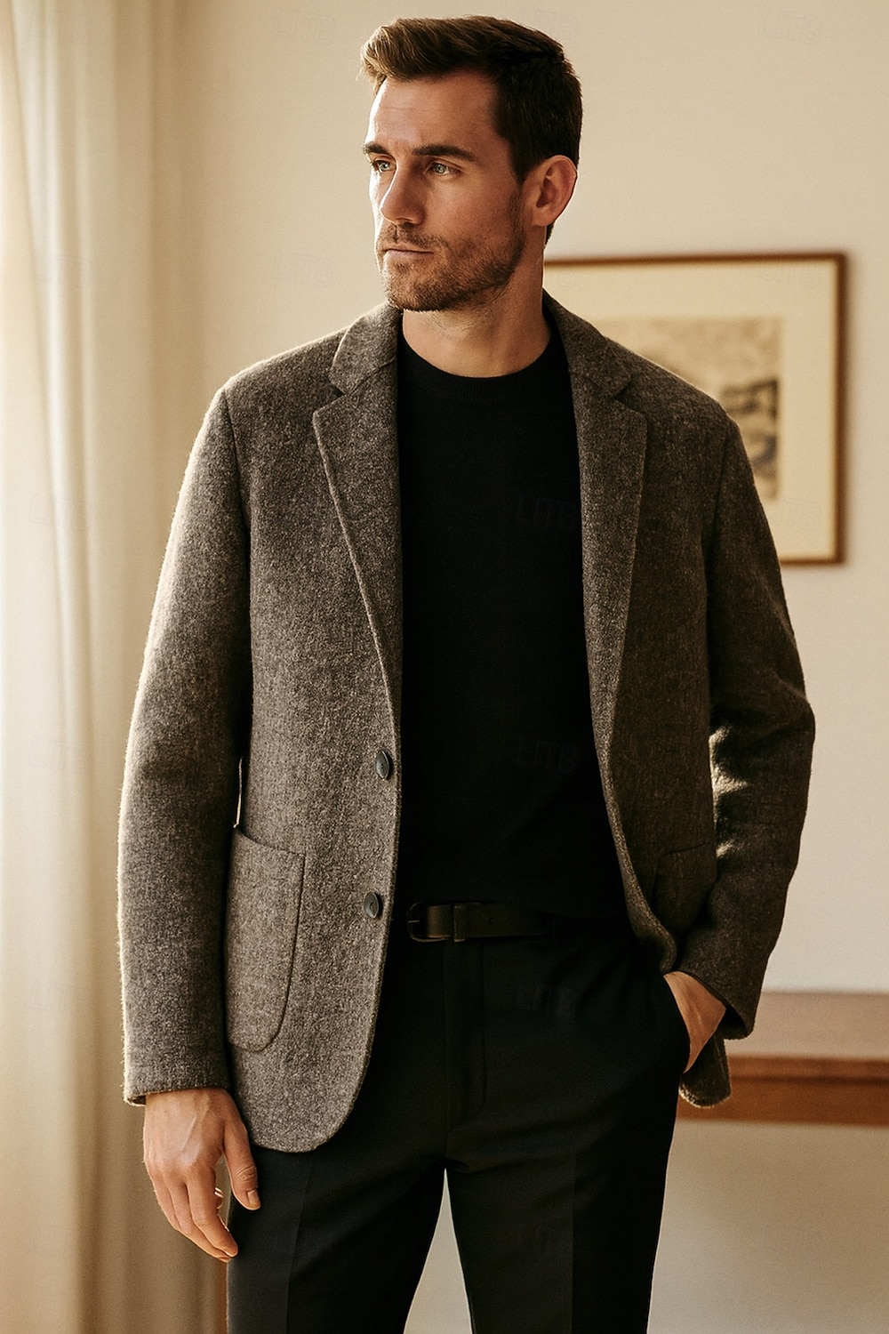 herr ullblandad kavaj jacka skola formell semester elegant klassisk vår höst ull polyester enfärgad fiskbensmönster termisk varm enkelknäppt tvåknapps kavaj kaffe grå 2025 - $88.99 –P1