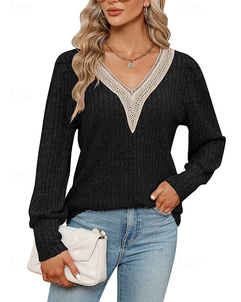 Naisten Neulos Pusero Päivittäin Tyylikäs Vapaa-aika Väripalikka Joustin V kaula-aukko Kudottu Pitsinauhat Pitkähihainen Tavalliset topit Neuloa Päivittäin Pyhäpäivä Bile Viininpunainen Musta Syksy 2026 - $27.99 –P17