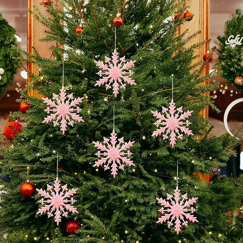 6 stk. julesnøfnuggpynt, fargerike 3D-glitter-snøfnuggoppheng med gull-, rosa- og metalliske detaljer til juletre og høytidsdekorasjoner 2025 - $7.49 –P9