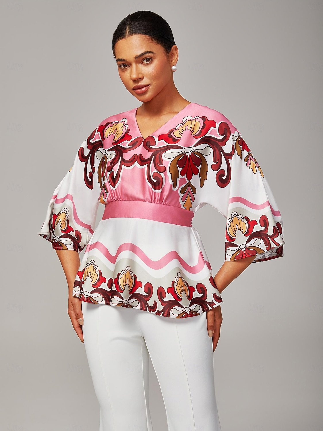 Top da donna in raso stampato rosa con scollo a barchetta, maniche a sbuffo, in viscosa, elegante, lavabile in lavatrice, per tutti i giorni, lavoro, autunno del 2025 a $68.99 –P1