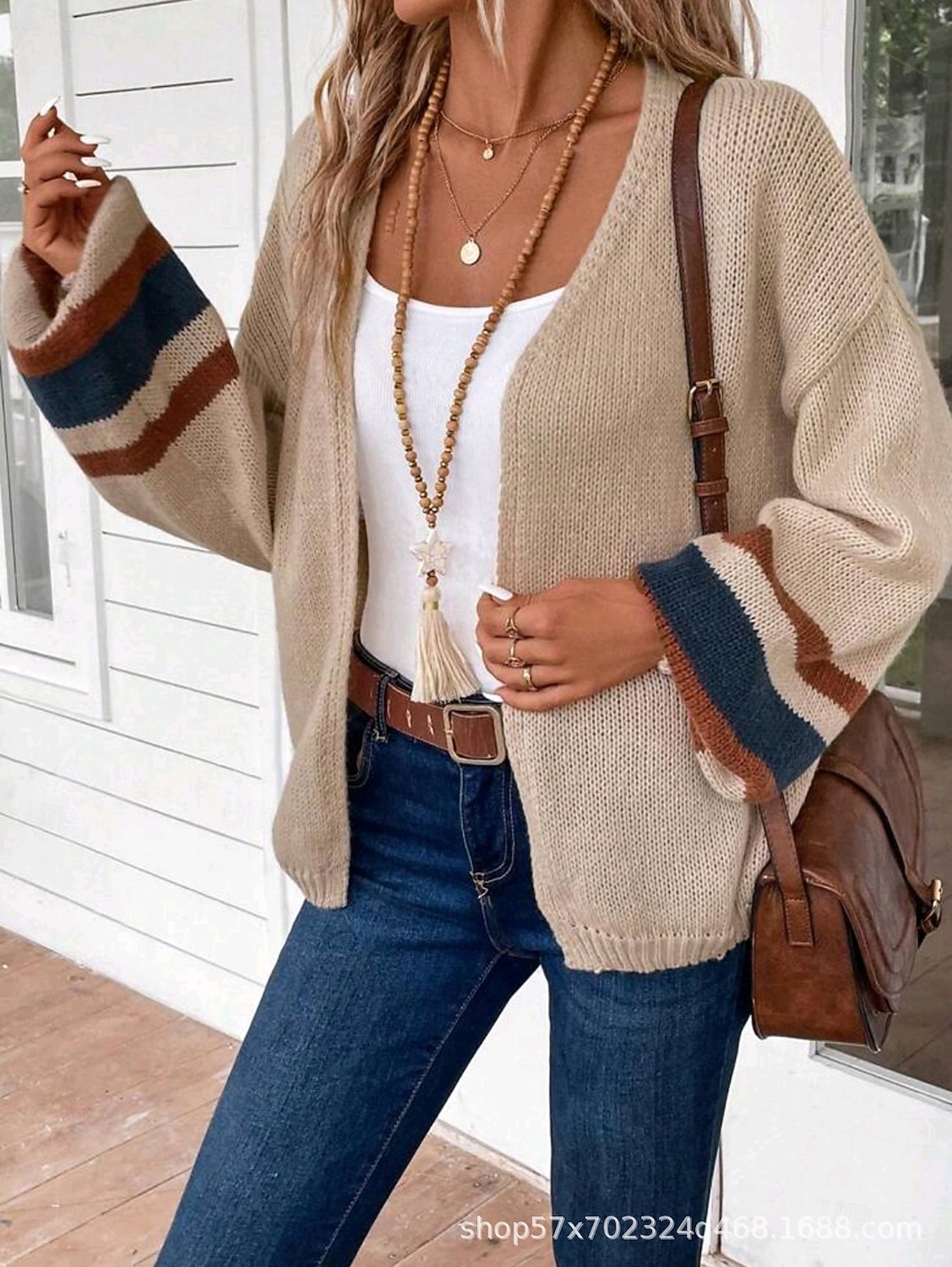 Dame Kofte Elegant Ferie Årgang Åpen Forside Stripe Drop Shoulder Langermet Vanlige topper Strikke Skole Hjem Fest Svart Kakifarget Høst Vinter 2025 - $28.99 –P9