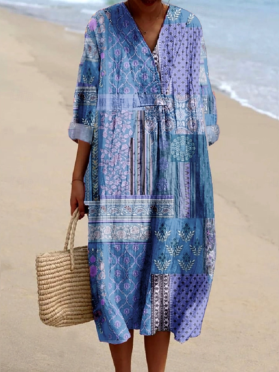 Pentru femei Rochii Midi Rochie de Vară Rochie casual Rochie A line Vacanță Casual Boho Plajă Petrecere Concediu Potrivire Largă Floral Grafic Imprimeu Paisley Manșon Lung În V Albastru piscin 2026 - $37.99 –P5