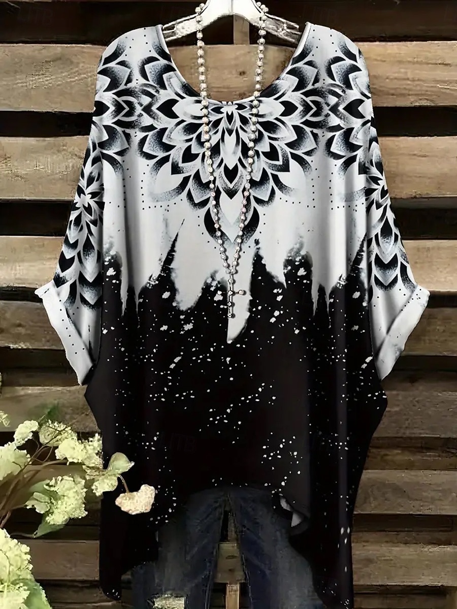 Жен. Блуза Ассиметричный Графика Геометрический принт Винтаж Повседневные На каждый день Рукав до локтя Летучая мышь Вырез под горло Обычные топы Повседневные Праздники Одежда для пляжа 2026 - $26.99 –P4