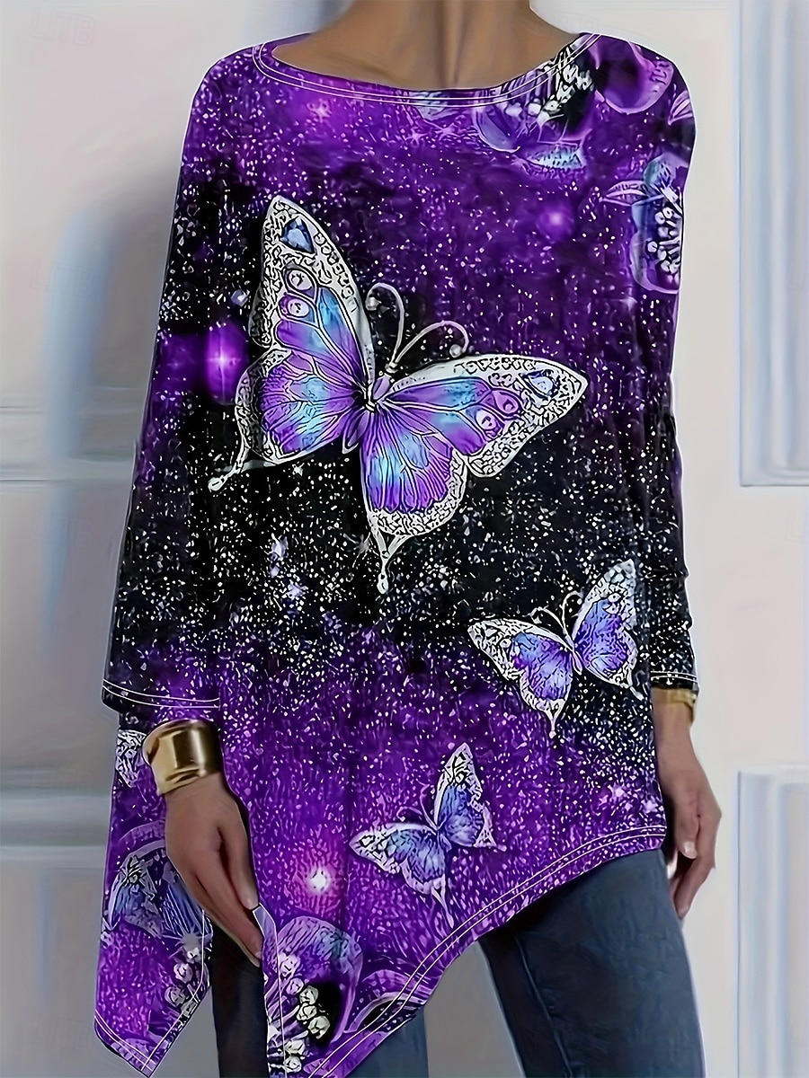 Damskie Podkoszulek Nadruk Asymetryczny/a Graficzny Geometryczny Motyl Zabytkowe Elegancki Codzienny Długi rękaw Półgolf Długie topy Codzienny Żółty Fioletowy Zielony Wiosna Jesień 2026 - $29.99 –P1