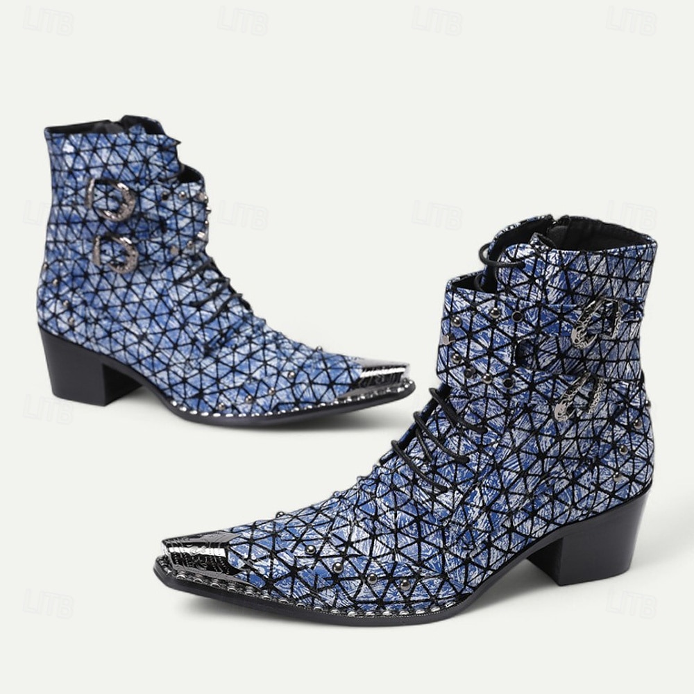 Pánské modré kotníkové boty s geometrickým potiskem – módní kovbojské boty na koncerty, streetwear a noční zábavu 2025 - $149.99 –P5