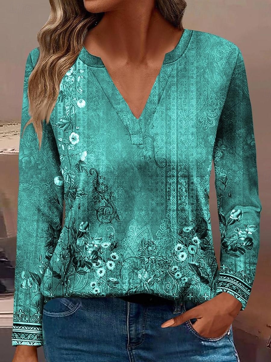 Femmes T-shirt Fleuri Occasionnel manche longue Encolure en V Hauts Réguliers Quotidien Boutons Imprimé Rouge Bleu Violet Vert Printemps Automne de 2025 ? $27.99 –P4