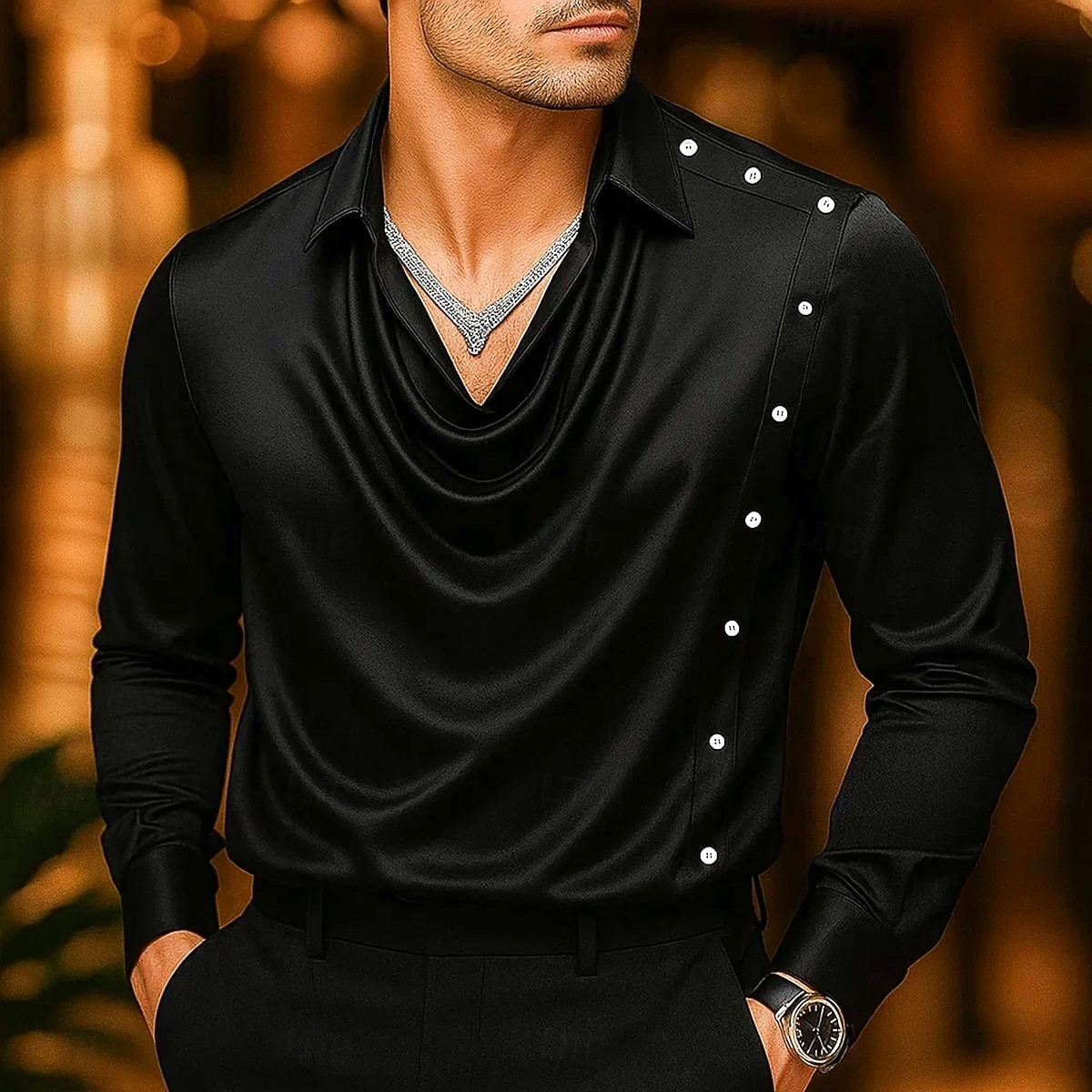 Herren Hemd Seidenartig Satinhemd Freizeithemd Einfach Formell Hochzeit Schwarz Wein Marineblau Gold Langarm Wasserfallausschnitt Frühling & Herbst Ganzjahres Bekleidung Gerafft 2025 - $21.99 –P1