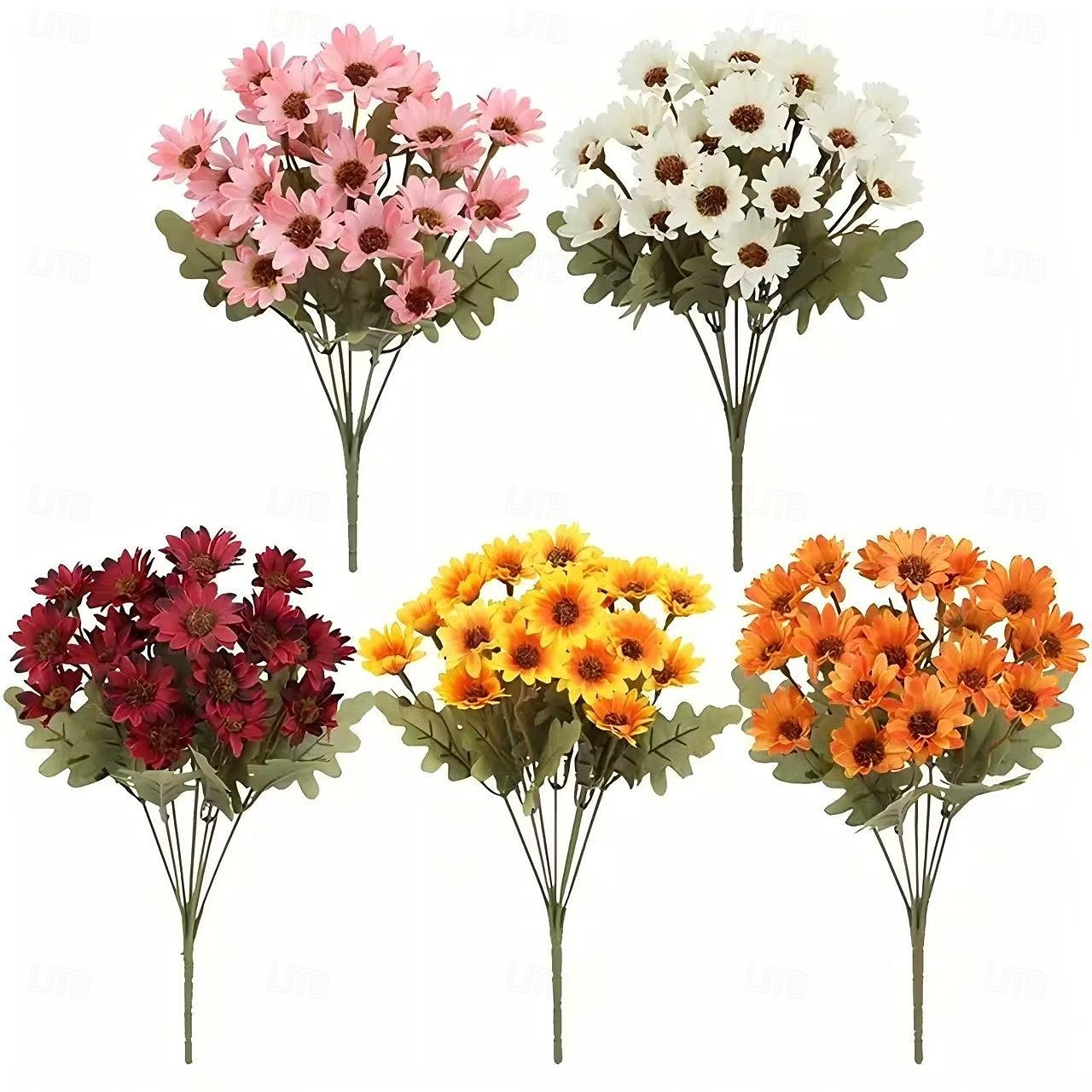 5 paquetes de crisantemos artificiales de otoño, crisantemos al atardecer, flores artificiales de otoño para exteriores con margaritas y eucalipto, resistentes a los rayos UV, impermeables, a prueba de viento, plantas realistas de plena floración para jar 2025 - $20.99 –P5