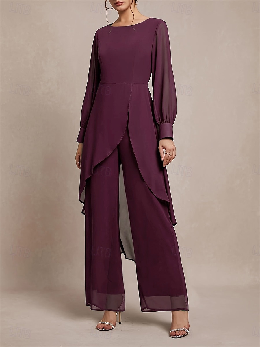Buksedrakt Asymmetrisk Kjole til brudens mor Langermet Crew-hals Elegant Formell Bryllupsgjest Formell kveld Chiffon med Ensfarget 2026 - $160.99 –P15
