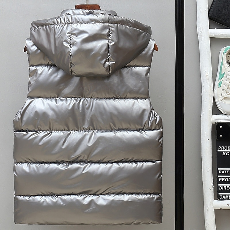 Per uomo Gilet imbottito Gilet Vacanza Quotidiano Data Moda Casual Autunno & Inverno Tasca Nylon Caldo Confortevole Tinta unica Cerniera Con Cappuccio Vestibilità regolare Argento Nero Rosso Argento del 2026 a $34.99 –P15
