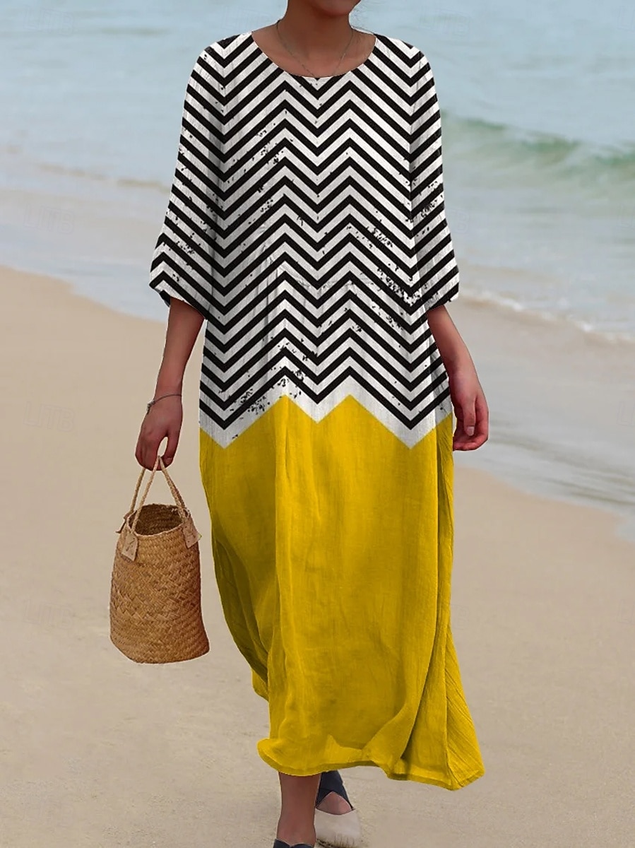 Dámské maxi šaty kaftan s 3/4 rukávy kulatým výstřihem volnočasové šaty A-linie boho denní sváteční rande grafické geometrické žluté modré duhové jaro podzim 2025 - $41.99 –P2