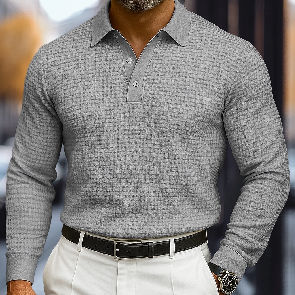 Per uomo Magliette Polo a Nido d'Ape Testurizzato Casuale Streetwear Bavero Manica Lunga Essenziale Moderno Semplice Testurizzato Bottoni Primavera Autunno Tutte le stagioni Vestibilità regolare Nero del 2026 a $18.99 –P7