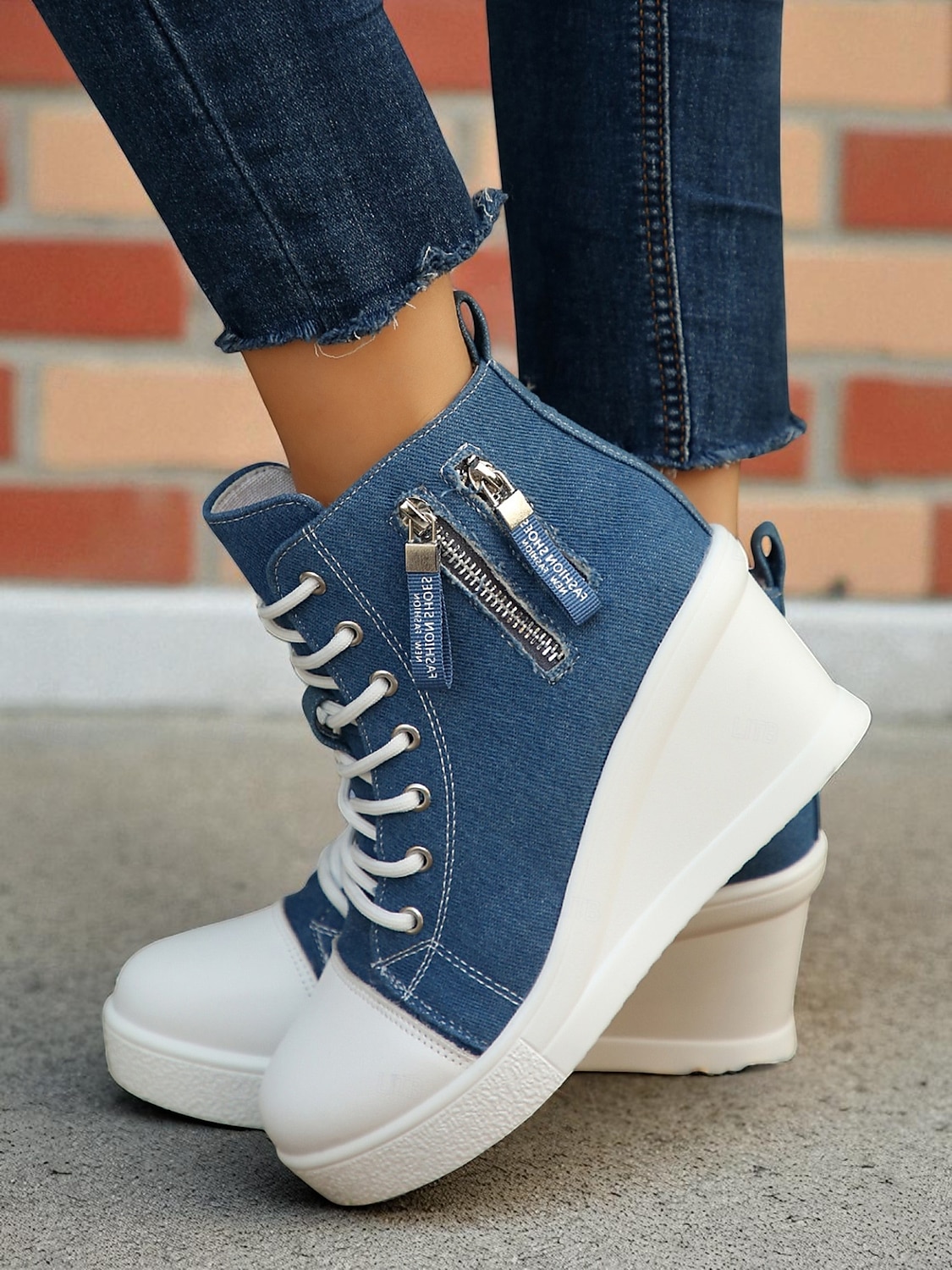 damskie buty sportowe na koturnie z denimu, sznurowane z przodu i zapinane na suwak z boku, codzienne buty na wysokiej platformie do noszenia na co dzień 2025 - $42.99 –P6