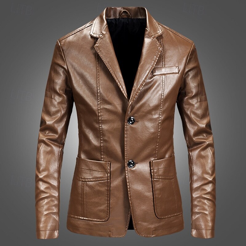 Męskie Skórzana kurtka Marynarka Formalny Biuro Codzienny Inteligentne Casual Jesień Wiosna i lato Skóra PU Jednokolorowe Wygodne Guziki jednorzędowe Blezer Czarny Burgundowy Niebieski Khaki 2026 - $44.99 –P1