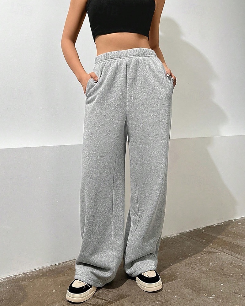 2025年 女性用 ワイドレッグ スラックス ストリートファッション カジュアル 全長 ナチュラルウエスト 平織り ポケット 弾性ウエスト 快適 バケーション 日常 お出かけ グレー ブラック 冬 レギュラー  コレクション – $20.99 –P7