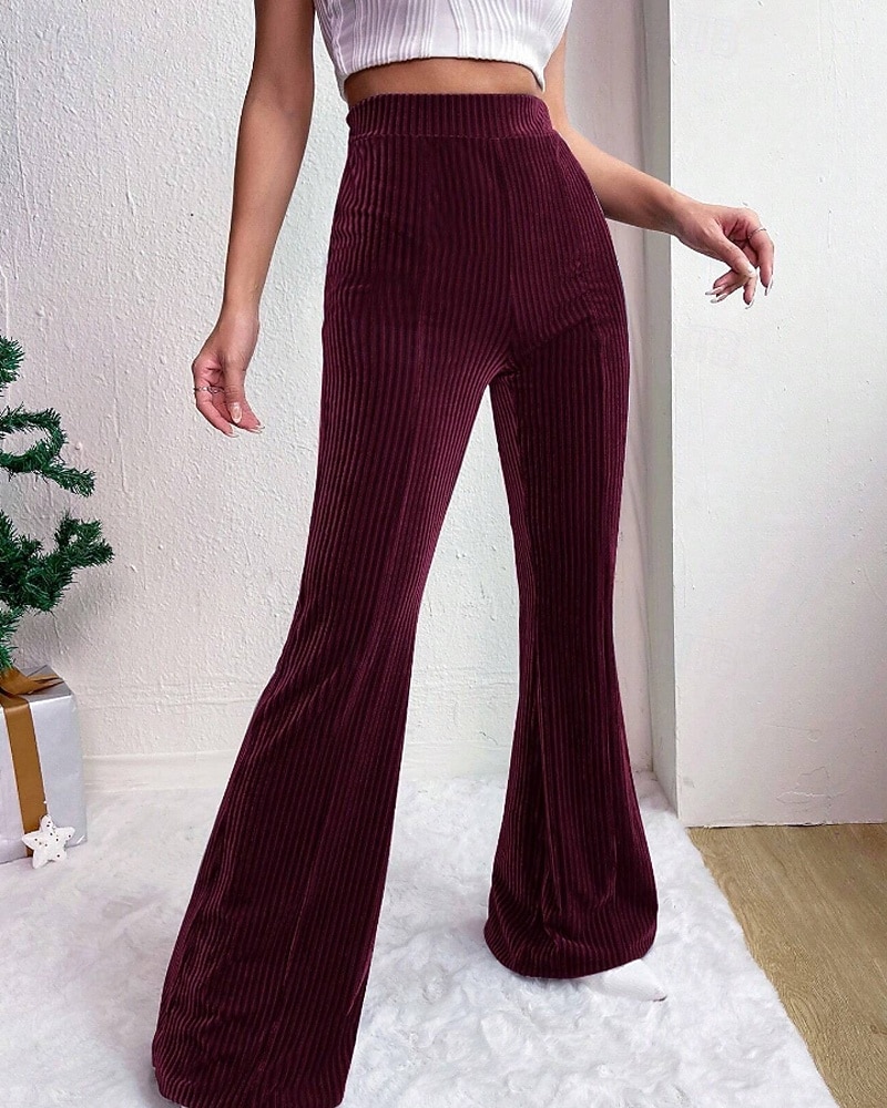 Mulheres Perna larga Calças de Veludo Calças Roupa de rua Casual Comprimento total Natural Tecido Cintura elástica Confortável Ao ar livre Férias Para Noite Vinho Pavão Azul Rosa claro cáqui Outono de 2026 por $22.99 –P10