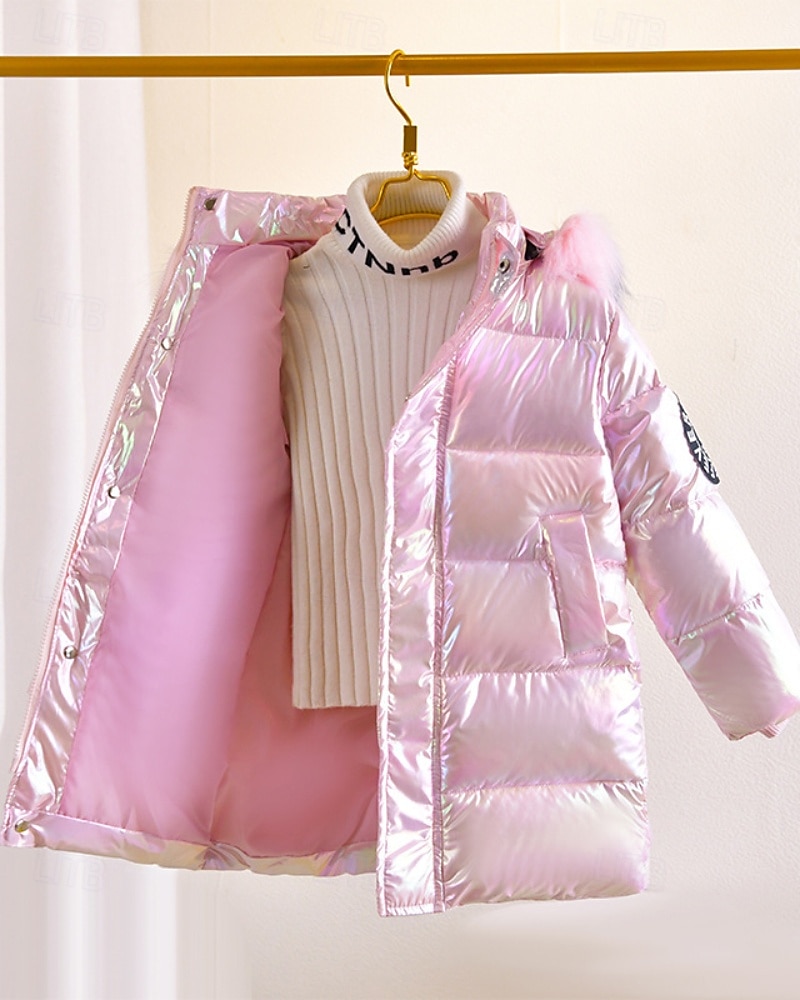 Kinder Mädchen Daunenmantel Einfarbig Mode Fellbesatz Schule Mantel Oberbekleidung 4-12 Jahre Winter Rosa Purpur 2025 - $40.99 –P5