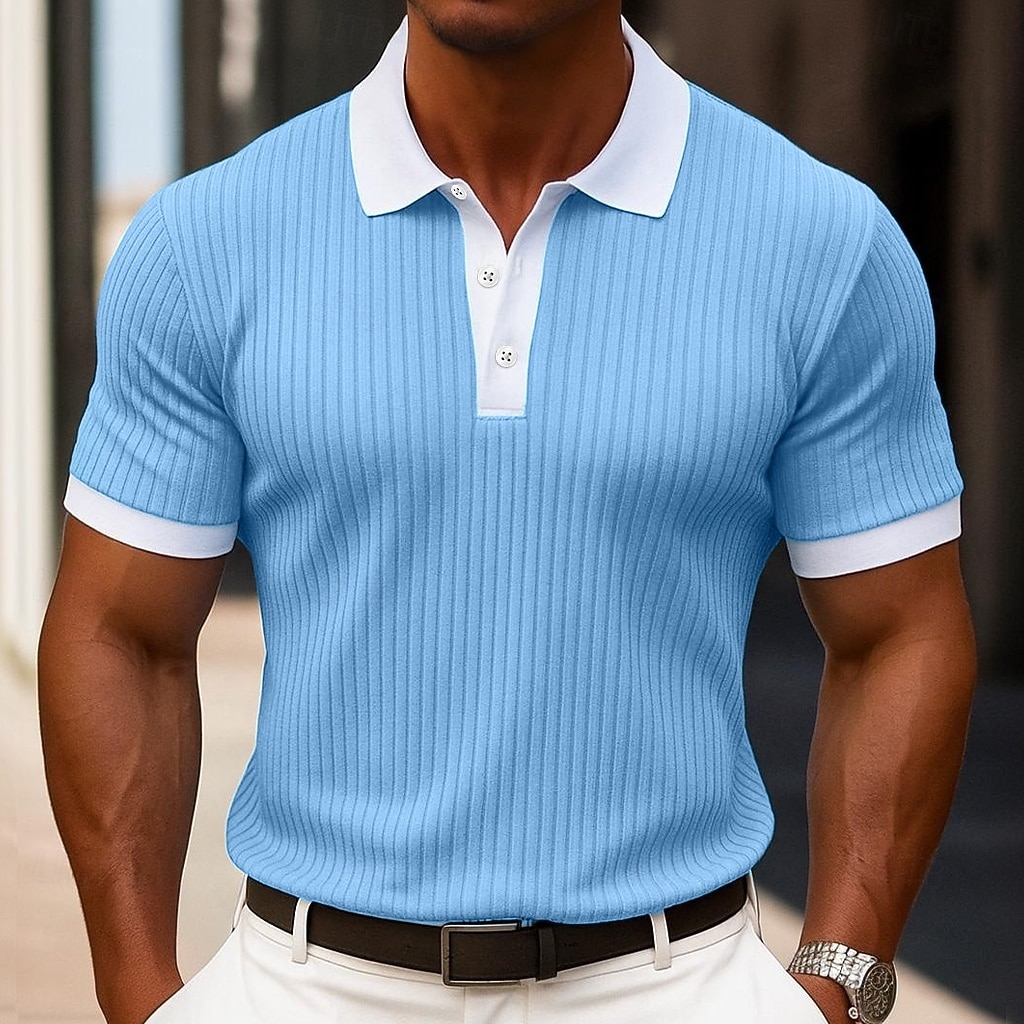 Herr Muskelskjorta Golftröja Arbete Ledigt Ribbstickad polokrage Klassisk Kortärmad Grundläggande Modern Färgblock Ribbad Sommar Vår Vår & sommar Smal passform Vit Blå Grön Grå Muskelskjorta 2025 - $25.99 –P1