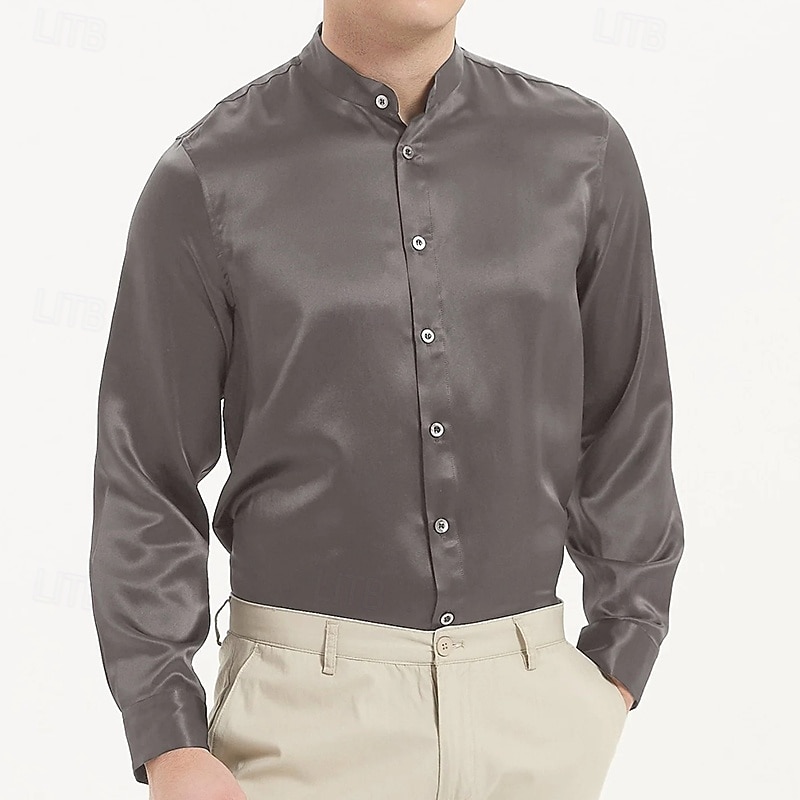 Per uomo Camicia Camicia con colletto alla coreana Come la seta Camicia in raso Camicia elegante Semplice Formale Matrimonio Nero Bianco Blu Grigio Manica Lunga Colletto Primavera & Autunno Tutte le del 2025 a $23.99 –P6