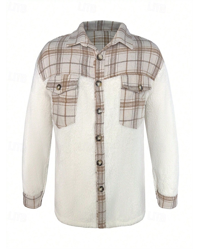 Voor heren Fleeceshirt shacket Overhemdjasje Winterjack Ruitjes Vakantie Alledaagse kleding Beige Lange mouw Revers Herfst Winter Kleding Zak 2026 - $36.99 –P4