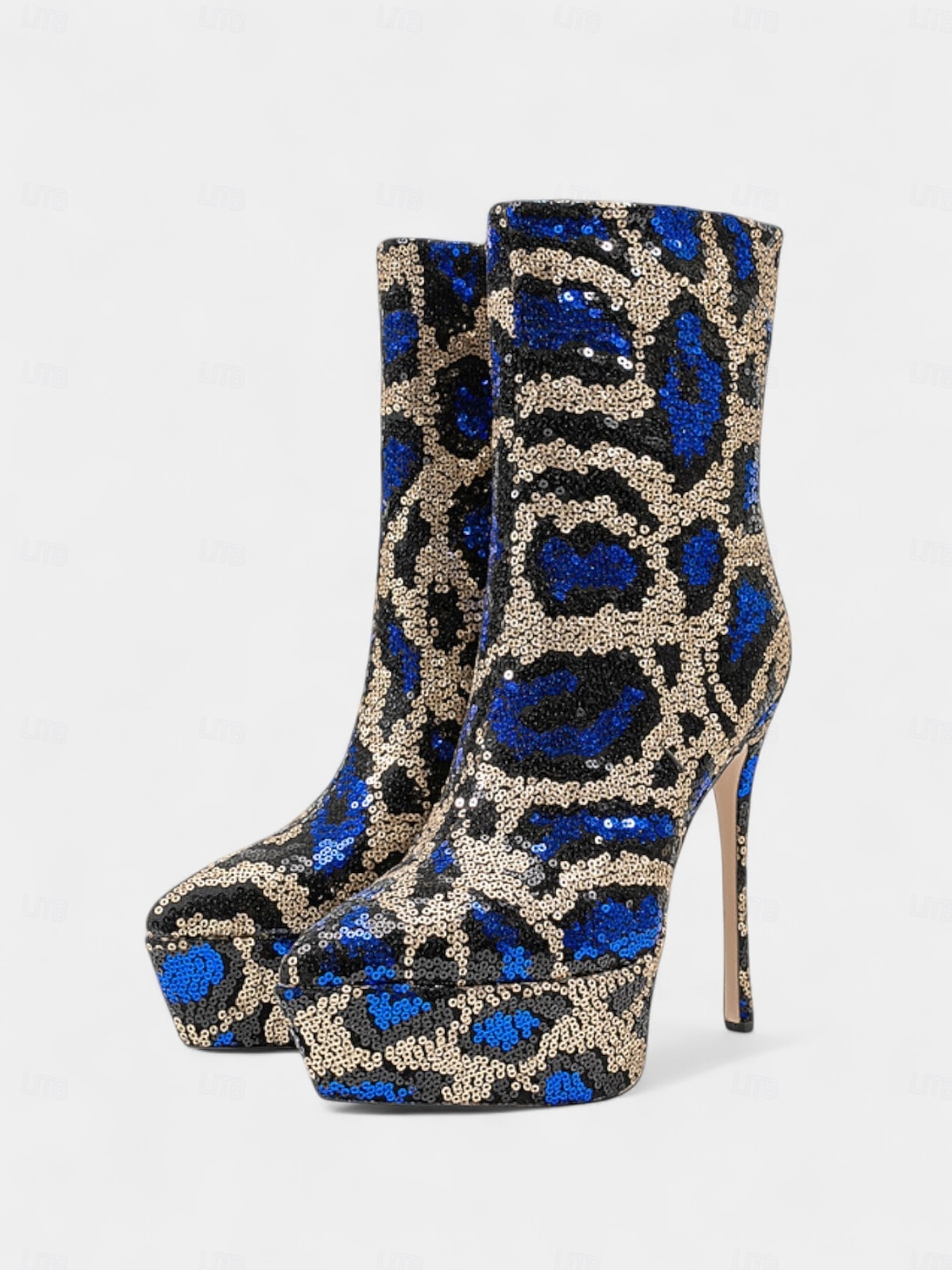 Γυναικεία μπλε και χρυσά μποτάκια στιλέτο με πλατφόρμα και πούλιες - έντονα υποδήματα για πάρτι, νυχτερινή ζωή 2025 - $89.99 –P3