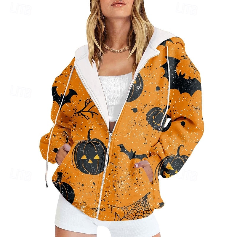 Mulheres Jaqueta casual Casaco com capuz Manter Quente Confortável Zíper Bolsos Imprimir Moda Flor Ao ar livre Para Noite Zíper Padrão Com Capuz Normal Manga Longa agasalhos Preto Roxo Laranja Outono de 2025 por $22.99 –P1