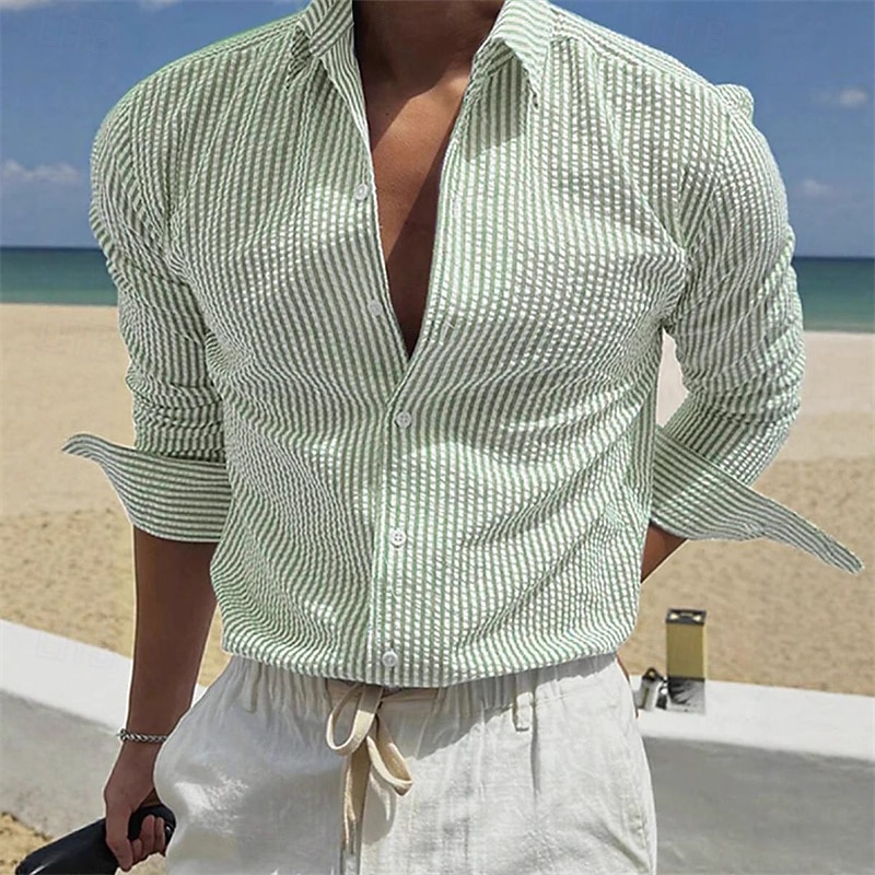 Men's Shirt Summer Shirt Casual Shirt Beach Shirt Button Up Shirt White Long Sleeve Stripe Lapel Streetwear Vacation Clothing Apparel Polyester Fashion Casual Comfortable 2026 - $26.99 –P5