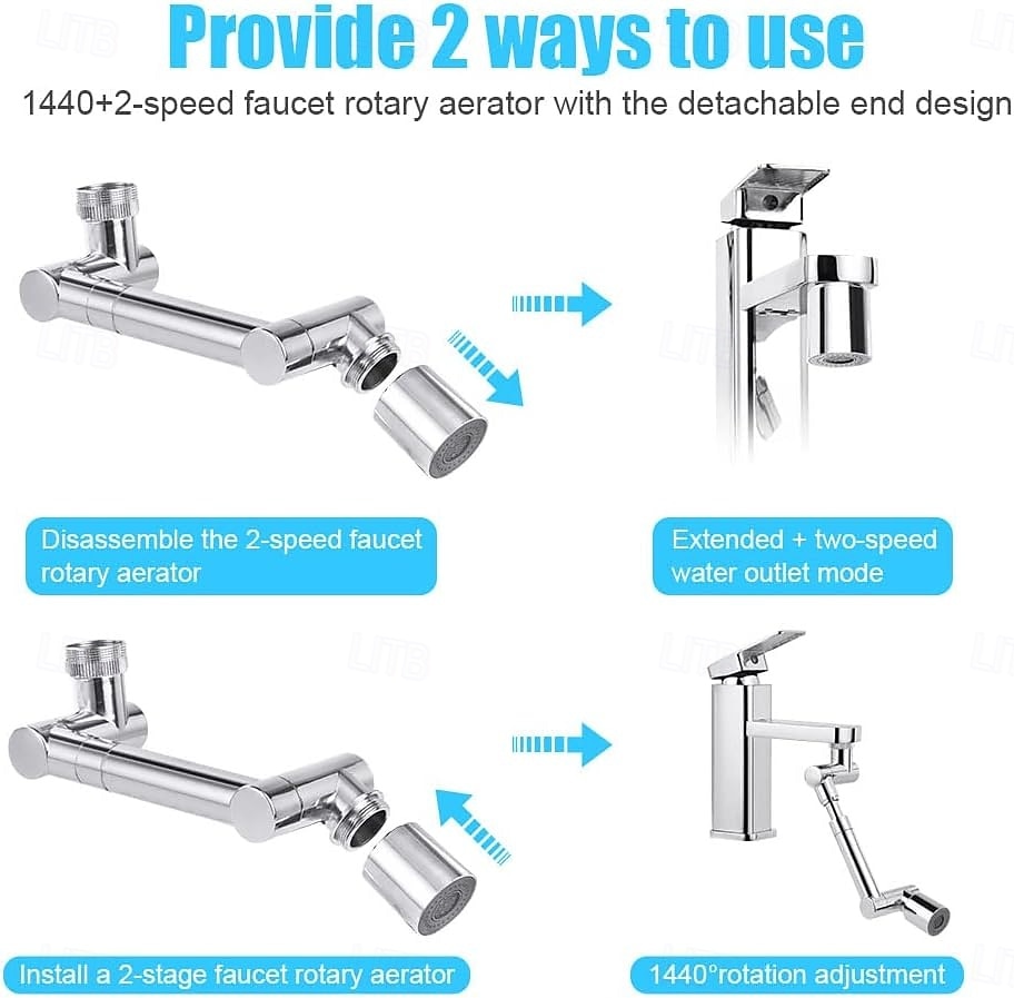 1440° drehbare Strahlreglerverlängerung aus massivem Messing, 2 Strahlarten, spritzwassergeschützter, schwenkbarer Wasserhahnanschluss für Badezimmerwaschbecken 2026 - $19.99 –P7