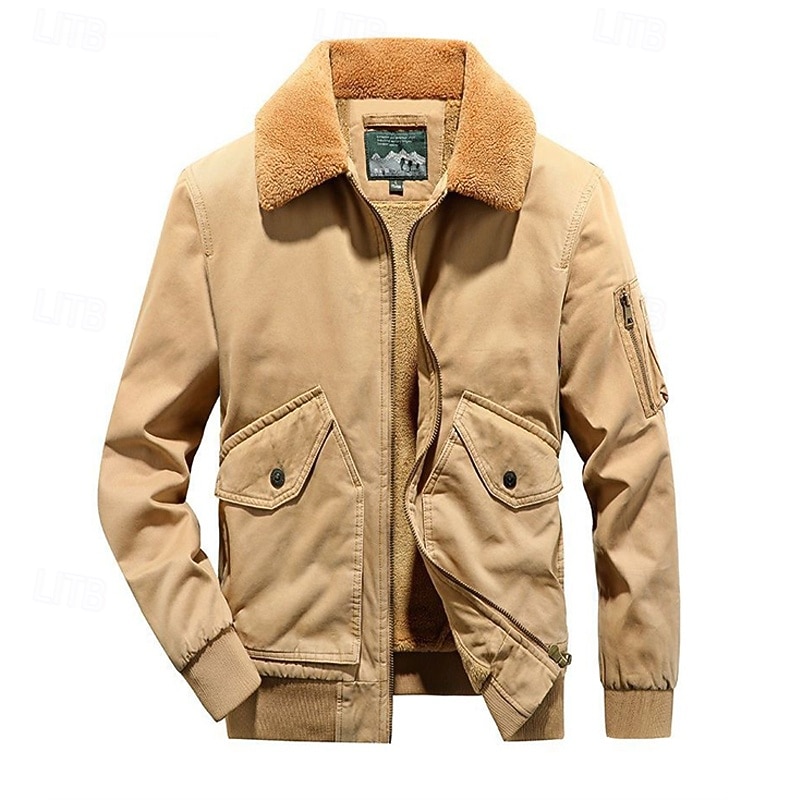 Men's Winter Jacket Bomber Jacket Fleece Jacket Vacation Daily Thermal Warm Pocket Fleece Winter Plain Fashion Streetwear Lapel Regular Black Khaki Army Green Jacket 2026 - $57.99 –P2