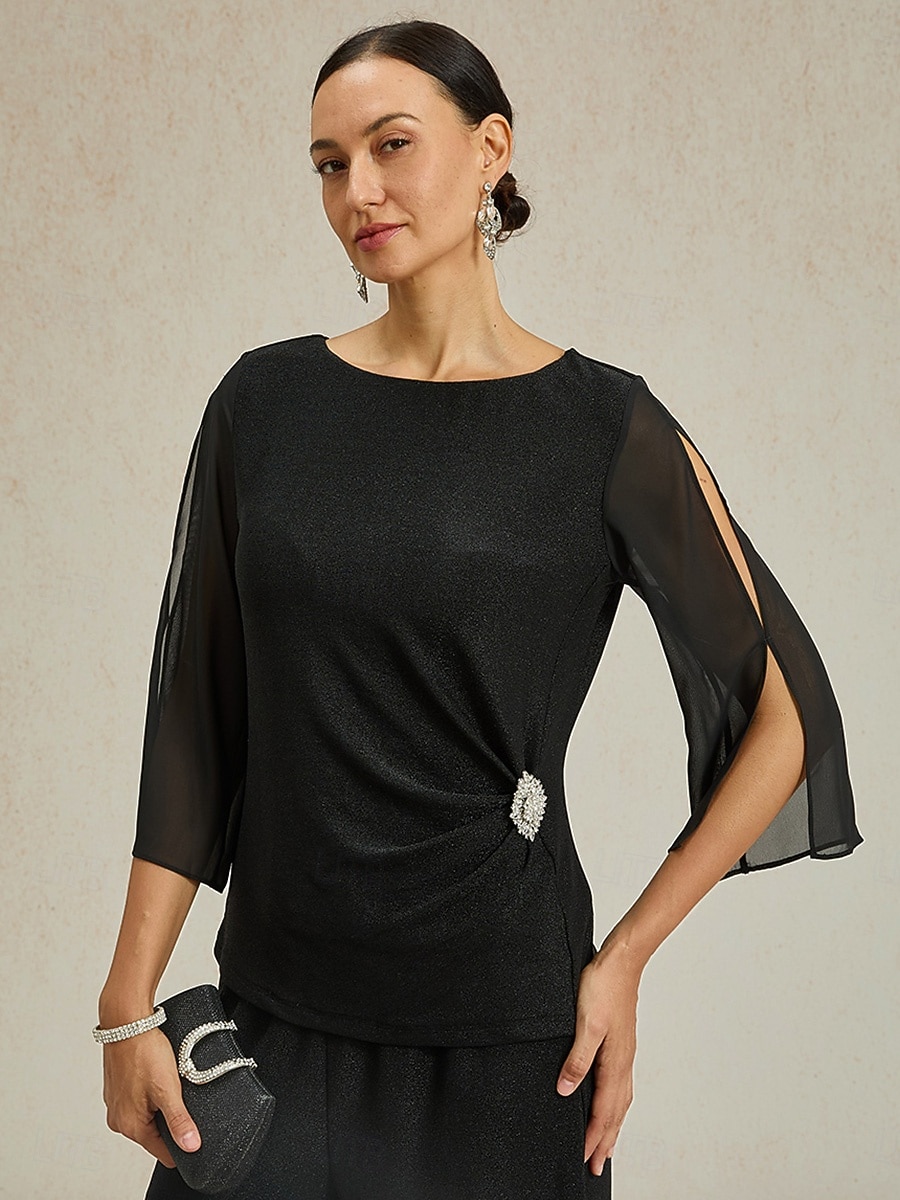Women's Dressy Tops Solid Color Elegant Vintage Daily 3/4 Length Sleeve Crew Neck Regular Tops Wedding Guest Evening Party Date Night Outfits Glitter Black Spring, Fall, Winter, Summer 2025 - $49.99 –P1