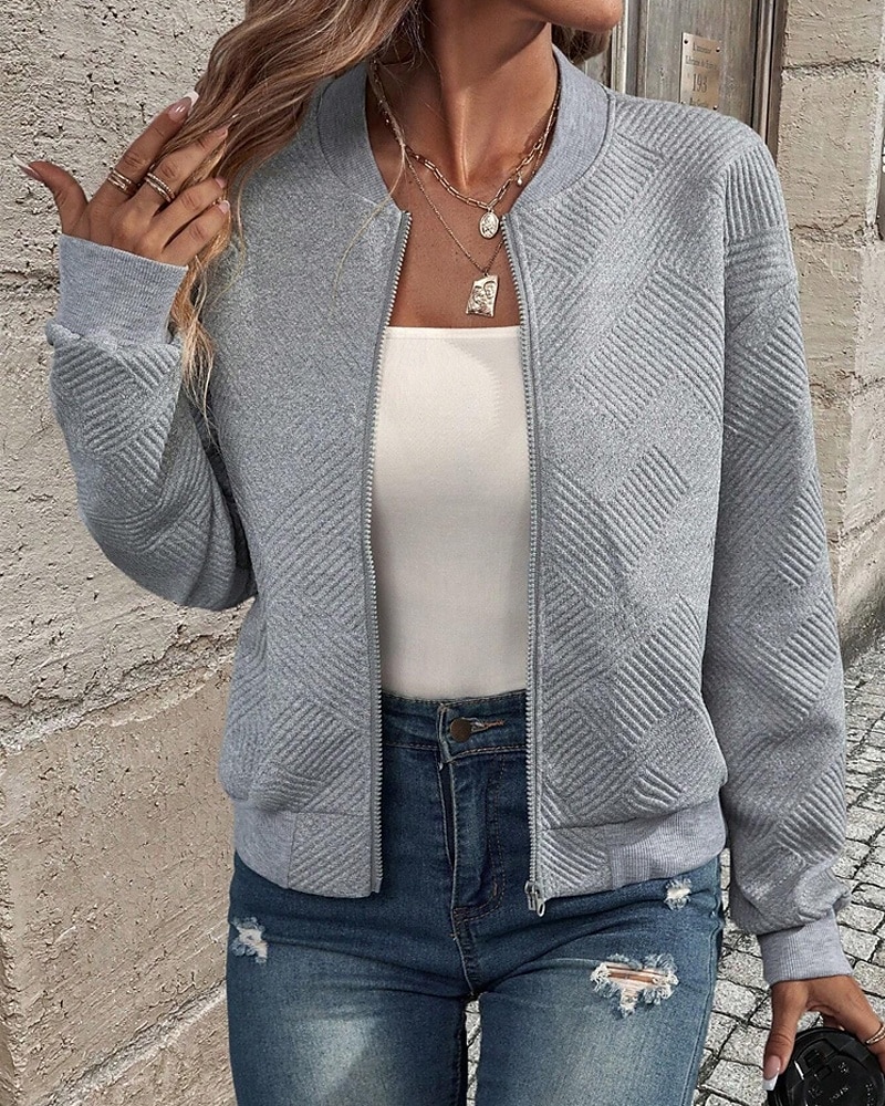 Damen Freizeitjacke Strukturierte Jacken Bequem Reißverschluss Mode Modern Lässig Einfach Ausgehen Wochenende Reisverschluss Regulär Stehkragen Normale Passform Langarm Oberbekleidung Schwarz Wei 2025 - $26.99 –P4