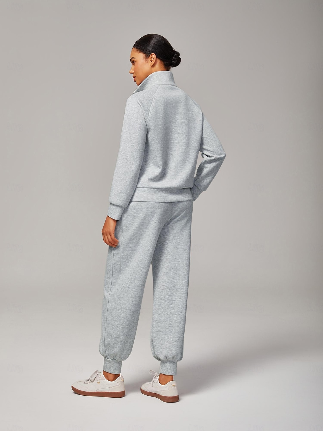 Jachetă tricotată elastică gri melanj pentru femei, guler înalt, buzunare duble cu fermoar, elegantă, confortabilă, din bumbac, casual, pentru lucru zilnic, versatilă, toamnă 2025 - $72.99 –P5
