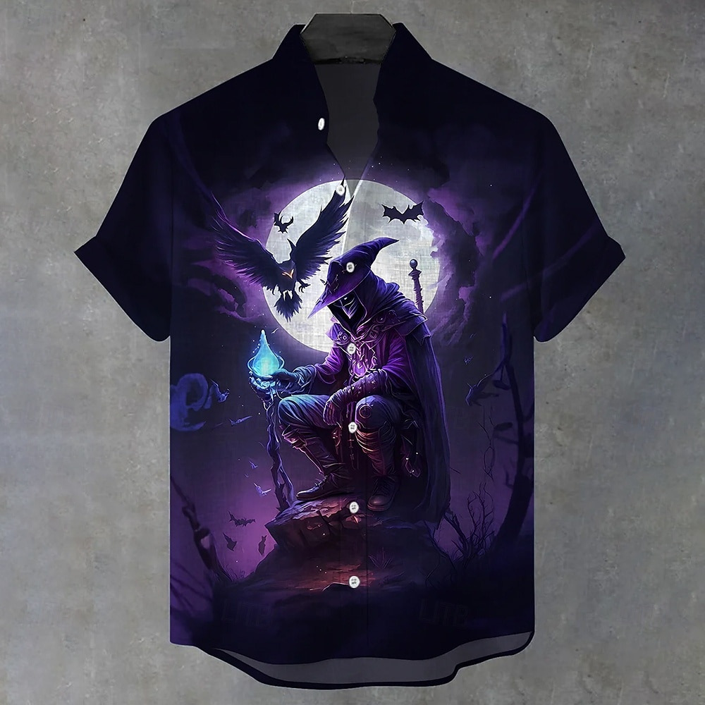 Halloween Men's Halloween Costumes Headless Horseman Shirt Button Up Shirt Stand Collar Shirt Short Sleeve Dark Gothic Style Holiday Summer Spring Mandarin Collar 3D Print Linen Like Shirt Blue Purple 2025 - $23.99 –P2