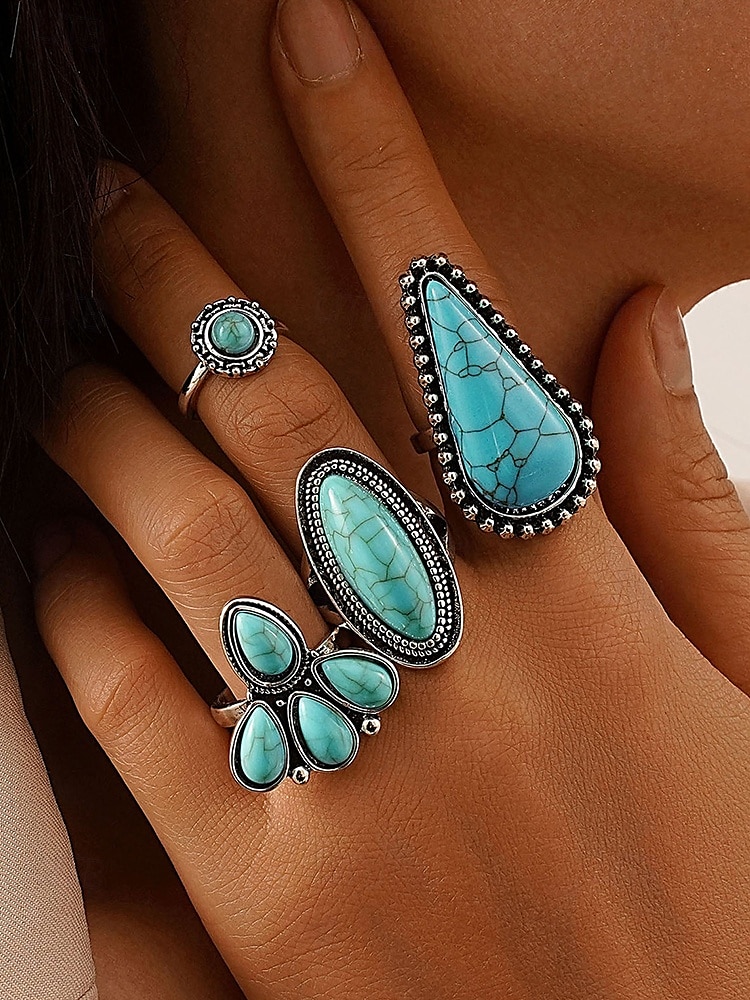 Women's Turquoise Ring Set - Multi-Piece Set of Vintage Bohemian Alloy Jewelry for Women's Holidays, Beach Vacations and Everyday Wear 2025 - $8.39 –P10