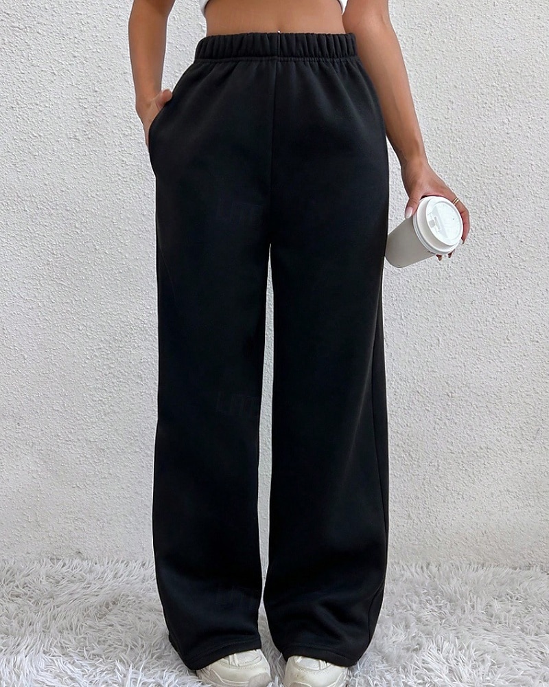 2025年 女性用 ワイドレッグ スラックス ストリートファッション カジュアル 全長 ナチュラルウエスト 平織り ポケット 弾性ウエスト 快適 バケーション 日常 お出かけ グレー ブラック 冬 レギュラー  コレクション – $20.99 –P6