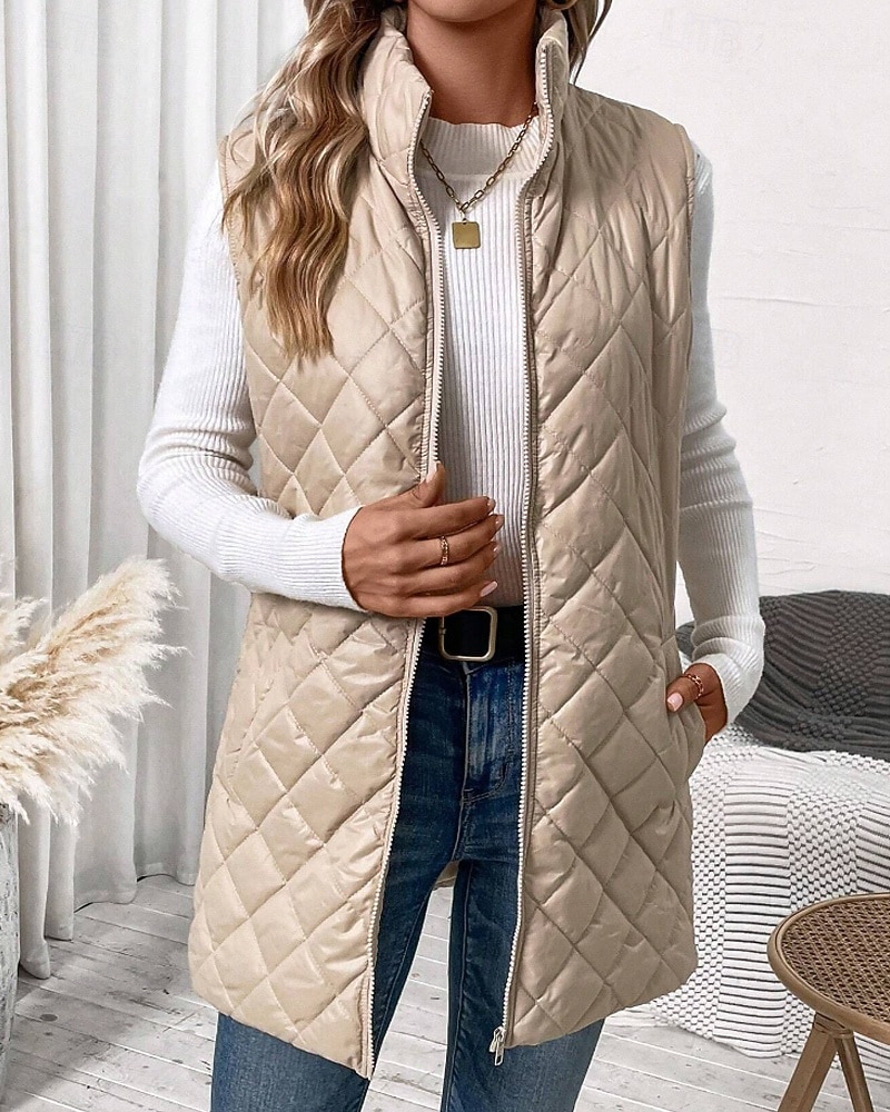 Per donna Gilet Caldo Confortevole Cerniera Tasca All'aperto Casual Semplice Ferie Weekend Cerniera Lungo Collo alla coreana Vestibilità regolare Senza Maniche Capispalla Nero Albicocca Inverno del 2026 a $33.99 –P1