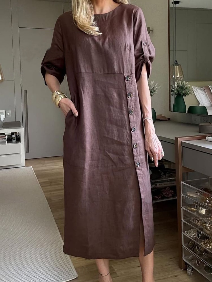 Pentru femei Rochii Midi Rochie casual Rochie din in bumbac De Bază Modern Zilnic Sfârșit de săptămână Fit regulat Simplu Lungime Manșon 3/4 Stil Nautic Negru Galben Albastru piscină Maro Var 2025 - $28.99 –P6